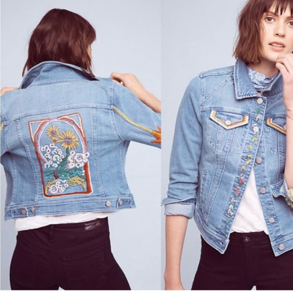 RARE Anthropologie Pilcro Sunflower Floral Embroidered Denim Jean Jacket xl
EUC